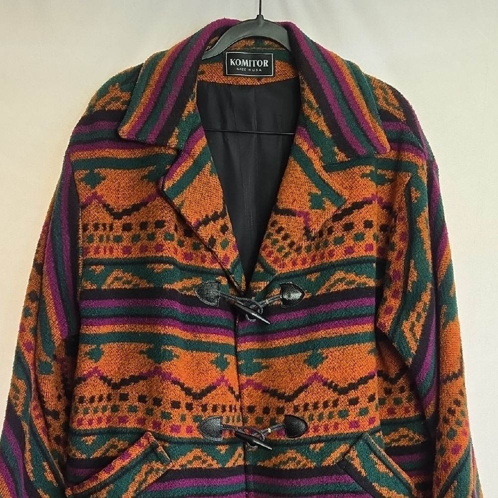 Komitor Vintage Multicolor Toggle Pea Coat in Orange, Green & Purple.. Jacket..